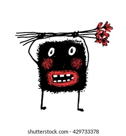 Cartoon Doodle Monster with Bunch of Flowers.Ugly character grunge hand drawn doodle. Cute comic bizarre monster, vector drawing illustration cartoon.