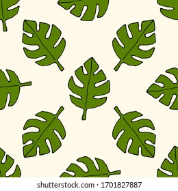 Cartoon doodle Monstera leaves seamless pattern. Floral background. Hand drawn leaf. Vector illustration. 