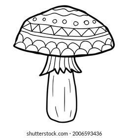 Cartoon doodle mushroom isolated on white background. Childlike style woodland icon.