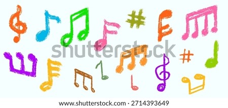 Cartoon doodle music note various shape in hand drawn sketch style made from pencil, marker or chalk crayon. Set of scribble vector illustration elements for children book or sticker.