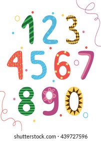 Cartoon doodle numbers. Colorful vector set. Fun Numbers in flat style for children. 0, 1, 2, 3, 4, 5, 6, 7, 8, 9. Preschool, elementary school numbers, kids numbers learning