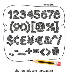 Cartoon doodle numbers and punctuation marks. Isolated on white background.