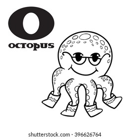 Cartoon doodle octopus wearing boots and glasses. Letter O. Part of animal alphabet.