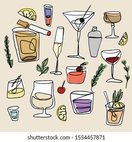 cartoon doodle with one line technical of many glass of cocktail and liqueur and element to decoration in glasses using for background or decorating banner, gift, or wallpaper.  