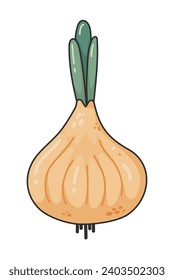 Cartoon doodle onion, textured. Vegetables for a healthy diet. Cute green onion. Natural product. Cartoon drawing for recipe book, banner, decoration