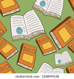Cartoon doodle opened and closed book seamless pattern. Education hand drawn concept background.