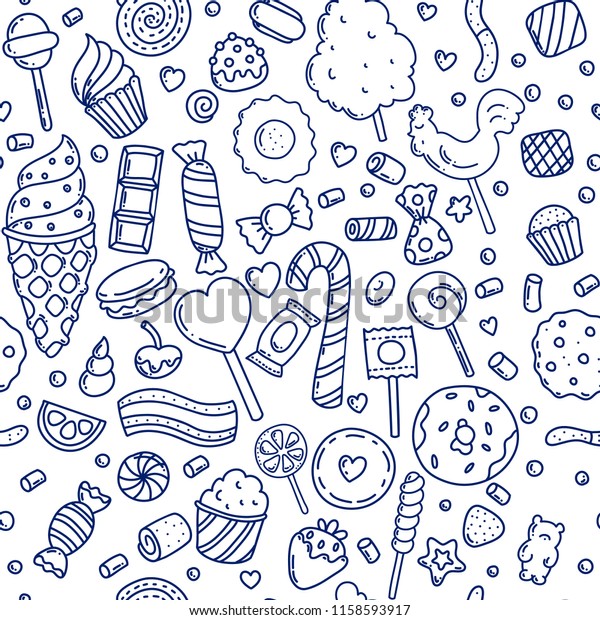 Cartoon Doodle Outlines Sweet Candies Seampless Stock Vector (Royalty