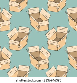 Cartoon doodle parcel box seamless pattern. Delivery background. 