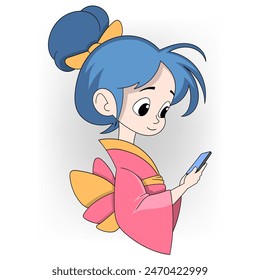cartoon doodle of people playing cellphones, a beautiful girl dressed in traditional Japanese clothing is playing with her cellphone