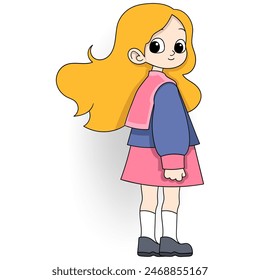 Cartoon doodle of peoples activities, blonde girl student wearing school uniform walking