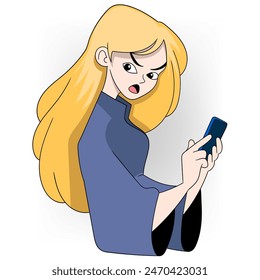 cartoon doodle of people's activities playing social media, a beautiful woman with an angry face because she was disturbed while playing on her cellphone