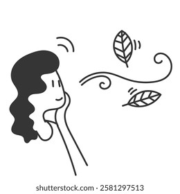 cartoon doodle person looking at leaf blowing by the wind