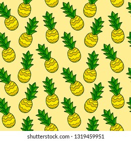Cartoon doodle pineapple seamless pattern. Hand drawn fruit background. Vector illustration.
