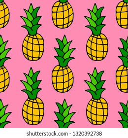 Cartoon doodle pineapple seamless pattern. Hand drawn fruit background. Vector illustration. 