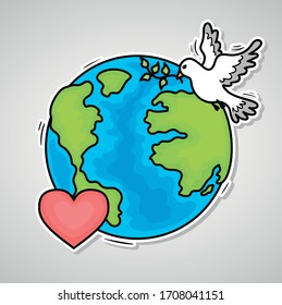 Cartoon doodle planet with white dove and heart