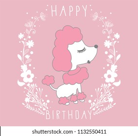 Cartoon doodle poodles isolated on pink background. Vector illustration of cute purebred dog.Happy birthday graphics.T-shirt print.