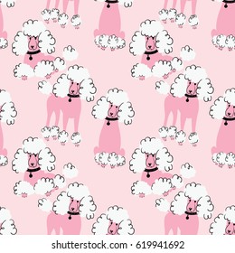 Cartoon doodle poodles seamless pattern. Cute purebred dogs wallpaper. Funny pets illustration.  