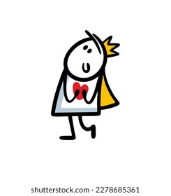 Cartoon doodle prince with a crown romantically folded his arms on his chest and fell in love. Vector illustration of a stickman of an artist in a king's costume playing on the stage of the theater.