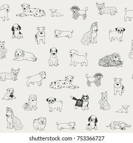 Cartoon Doodle Puppy Dog Seamless Vector Hand Drawn Pattern