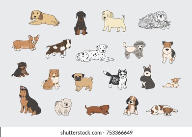 cartoon doodle puppy dog vector illustrations set