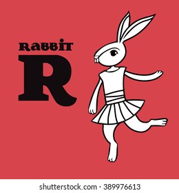 Cartoon doodle rabbit dancing in dress with letter R. Part of animals alphabet. 