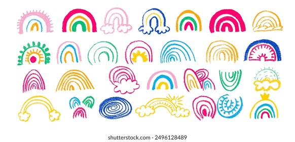 Cartoon doodle rainbows , cute childish rainbows with clouds and sun.   Hand drawn color arc vector illustration set in boho style. 
Childish boho elements vector set.
