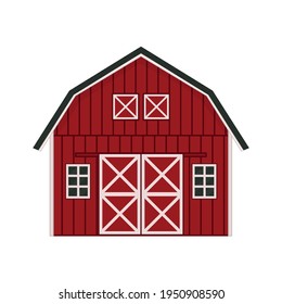 Cartoon doodle red wooden barn house, gray roof, windows and doors with crossed white boards. Vector Outline isolated hand drawn illustration on white background, front view