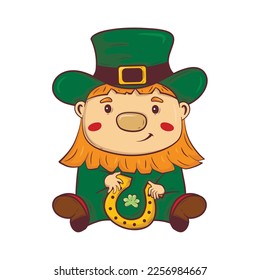 Cartoon doodle saint patrick red-bearded gnome sitting with a horseshoe in his hands