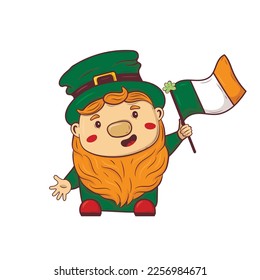 Cartoon doodle saint patrick red-bearded leprechaun holding a flag