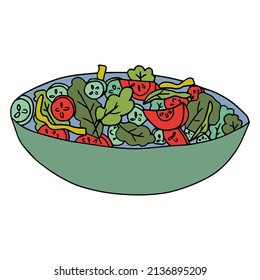 Cartoon doodle salad with tomatoes and cucumbers isolated on white background. 