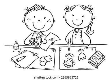 Cartoon Doodle School Kids Enjoy Crafting Together, Creative Activities Outline Vector Clipart Illustration