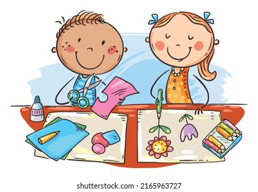 Cartoon Doodle School Kids Enjoy Crafting Together, Creative Activities Colorful Vector Clipart Illustration