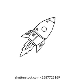 Cartoon doodle science vector rocket launching or flying with flames.
