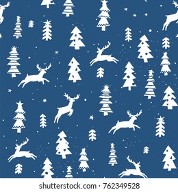 cartoon doodle seamless pattern of Christmas tree with deer animal vector hand-drawing graphics.