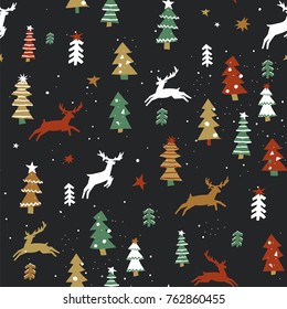 cartoon doodle seamless pattern of Christmas tree with forest deer animal vector hand-drawing graphics.
