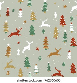 cartoon doodle seamless pattern of Christmas tree with deer animal vector hand-drawing graphics.