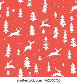 cartoon doodle seamless pattern of Christmas tree with deer animal vector hand-drawing graphics.