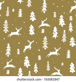 cartoon doodle seamless pattern of Christmas tree with deer animal vector hand-drawing graphics.
