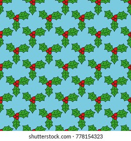cartoon doodle seamless pattern of Christmas holly and fir tree branch vector hand-drawing graphics.