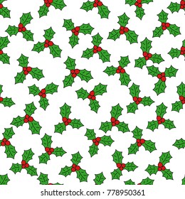 cartoon doodle seamless pattern of Christmas holly and fir tree branch vector hand-drawing graphics.