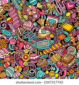 Cartoon doodle seamless pattern features a variety of Candies objects and symbols. Whimsical playful Candy Shop colorful background for print on fabric, greeting cards, scarves, wallpaper and other