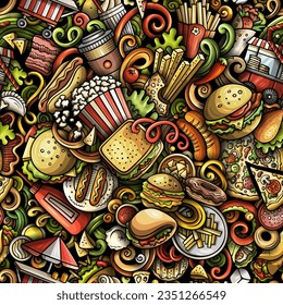 Cartoon doodle seamless pattern features a variety of Fastfood objects and symbols. Whimsical playful Junk food colorful background for print on fabric, greeting cards, scarves, wallpaper and other