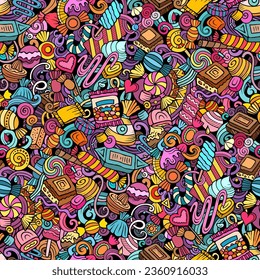 Cartoon doodle seamless pattern features a variety of Candies objects and symbols. Whimsical playful Candy Shop colorful background for print on fabric, greeting cards, scarves, wallpaper and other