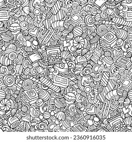Cartoon doodle seamless pattern features a variety of Candies objects and symbols. Whimsical playful Candy Shop line art background for print on fabric, greeting cards, scarves, wallpaper and other