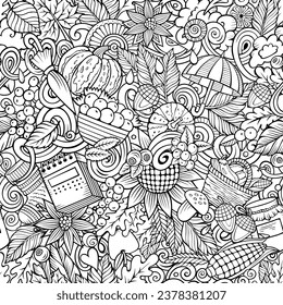 Cartoon doodle seamless pattern features a variety of autumn objects and symbols. Whimsical playful sketchy background for print on fabric, greeting cards, scarves, wallpaper and other