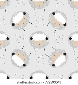 Cartoon doodle seamless pattern illustration with cute fluffy sheep with dots. Endless texture with graphic background. Scandinavian illustration for nursery decor, wallpaper, wrap, fabric, postcard.