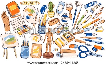 Cartoon doodle set of art tools including brushes, pencils, palette, scissors, notebook, paints, and creative supplies. Vector illustration of artist tools doodle set stickers to inspires creativity