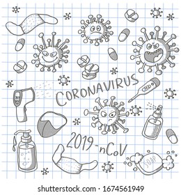 Cartoon doodle set of coronavirus monsters, thermometers, tablets and pills, soap and antiseptics. Black and white scribble on a checkered notebook sheet.