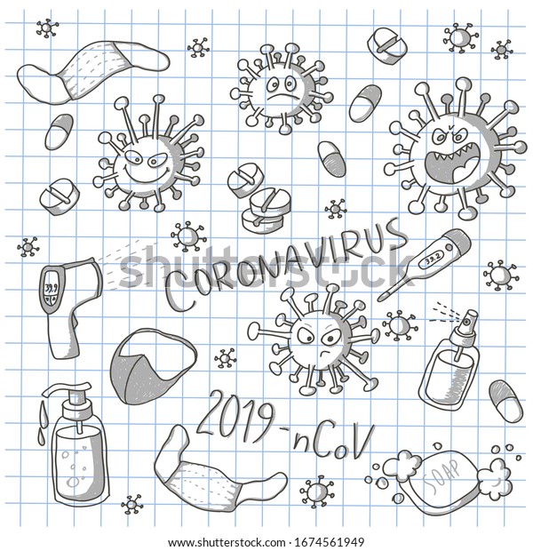Cartoon Doodle Set Coronavirus Monsters Thermometers Stock Vector