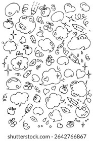 Cartoon doodle set. Hand drawn vector illustration on white background. Speech bubbles, cherry, apple, pencil, heart, mouth.